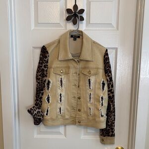 A.Z.I Embellished Brushed Denim Jean Jacket w/Leopard Print Cut-Out sz Small